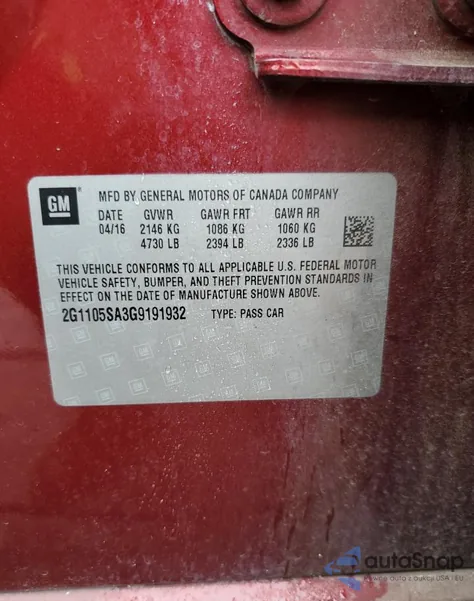 2016 Chevrolet Impala Lt from USA, damaged, VIN 2G1105SA3G9191932